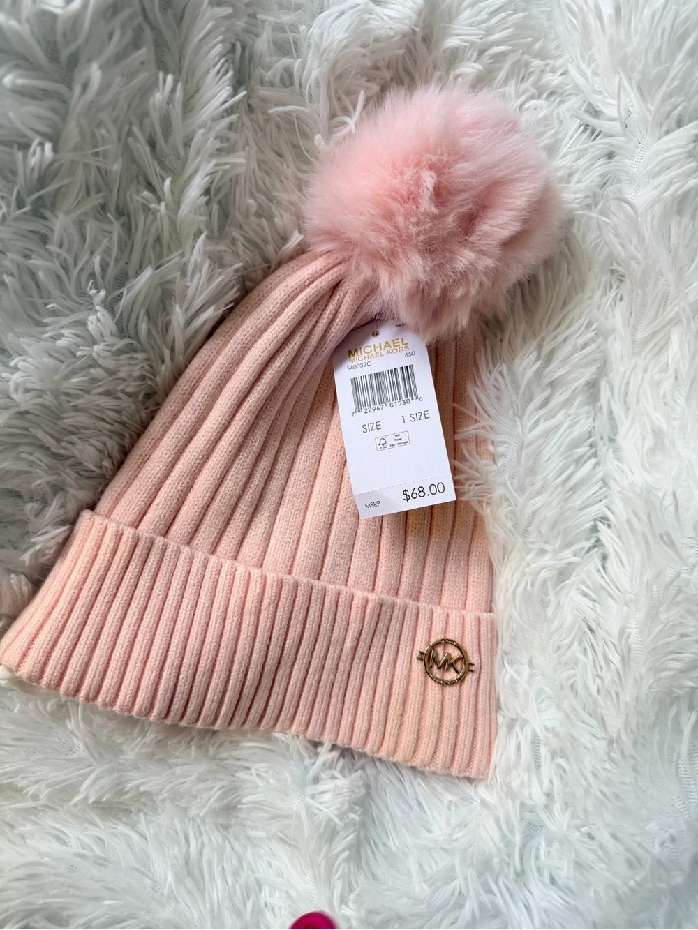 Michael Kors women Blush Pink Ribbed Pom Beanie